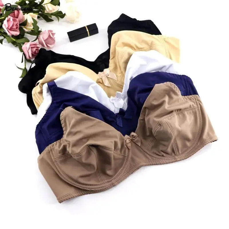 Beauwear underwire plus-size minimizer bras set (6 colors): black, nude, white, beige, royal blue, tan.