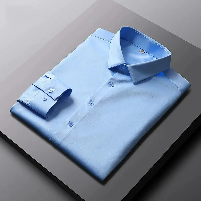 Light blue men's long-sleeve solid shirt, wrinkle-resistant and non-iron, business top, folded.
