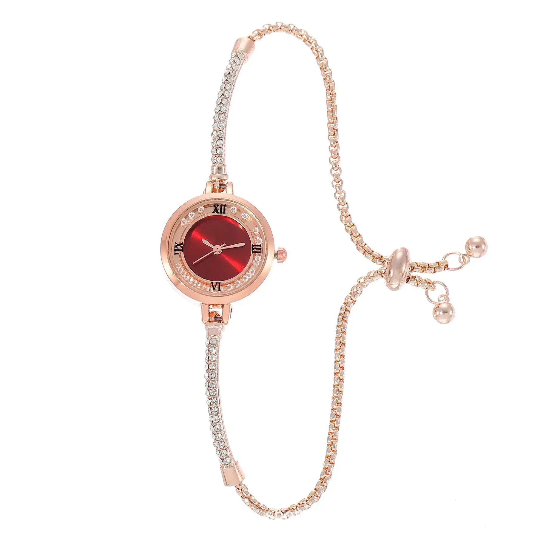 Simples Market rose-gold wristwatch with crystal-accented bezel and bracelet-style band, red dial.