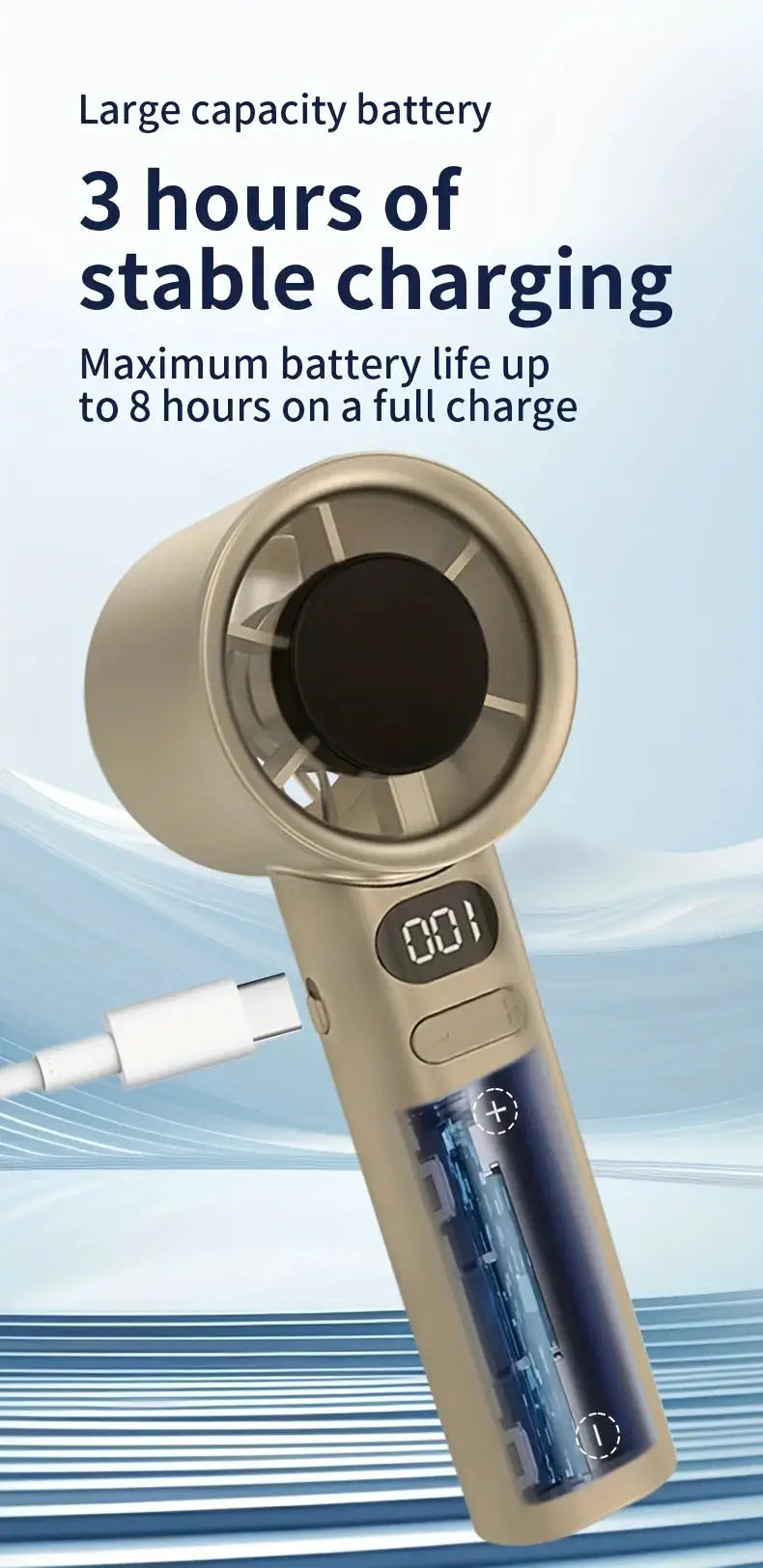 Simples Market beige handheld mini fan with USB charging and digital display.
