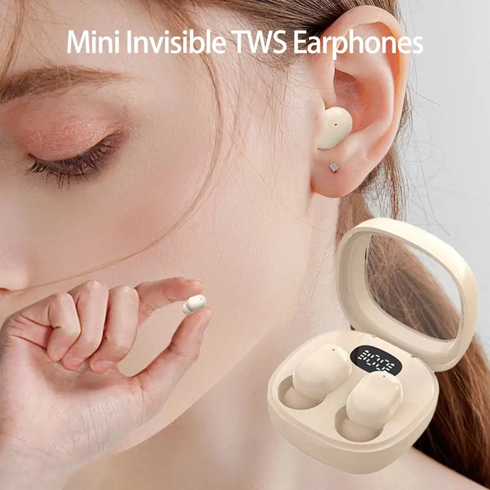 VIKEFON mini TWS Bluetooth 5.3 earphones with charging case in cream color, three earbuds visible