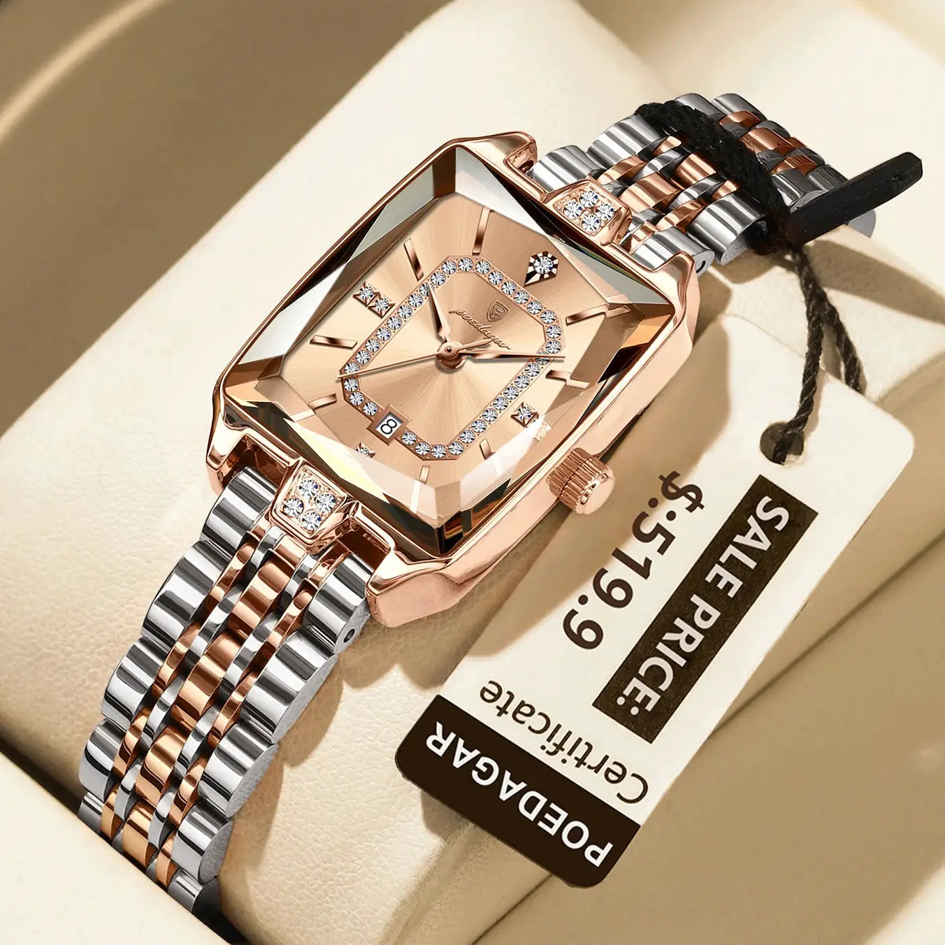 POEDAGAR women's rectangle watch, rose gold tone with crystal bezel and calendar date window, stainless steel bracelet
