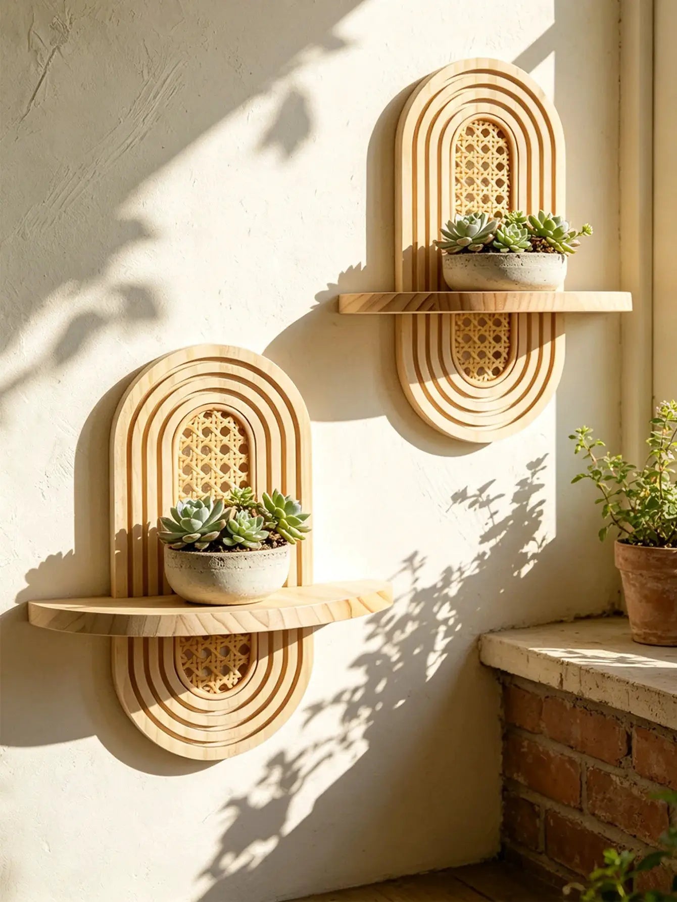 Boho style geometric wooden wall shelves set of three with planter and succulents, natural finish