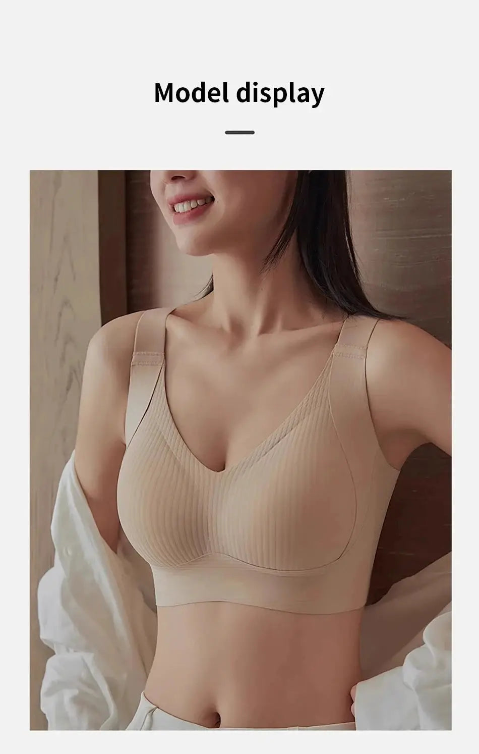 Simples Market women's seamless wireless bra, beige ribbed fabric, pull-on style