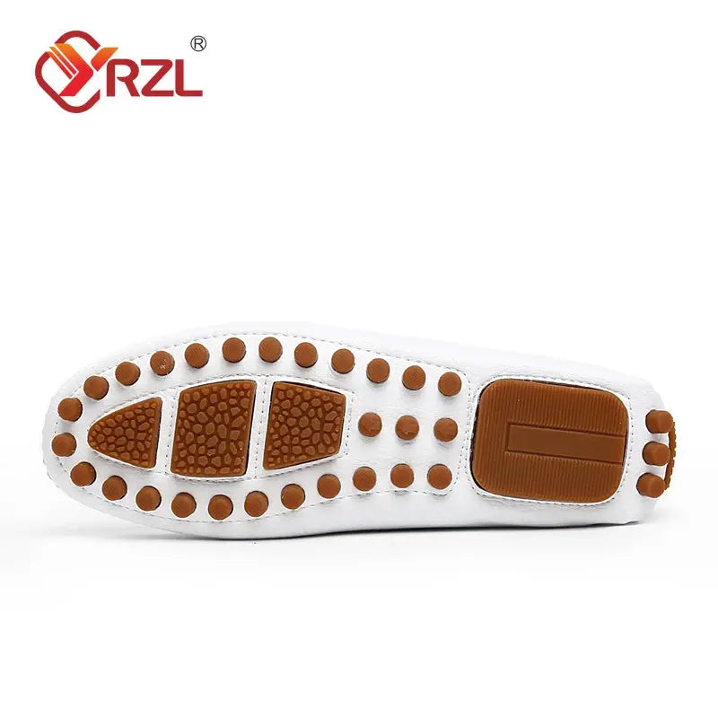 Men's white PU leather loafer sole with brown traction studs and heel pad, YRZL