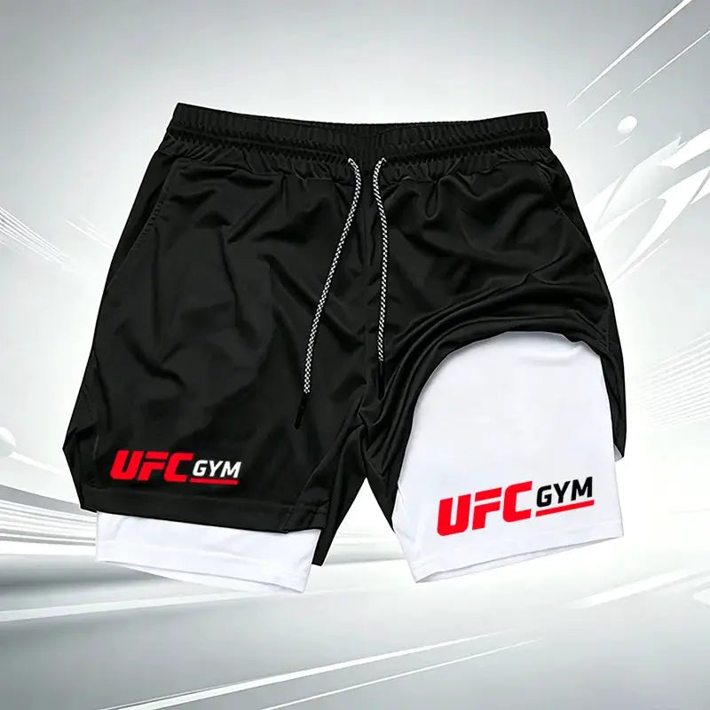 Men's UFC GYM 2-in-1 compression shorts with built-in liner, black outer with white inner, UFC GYM logo