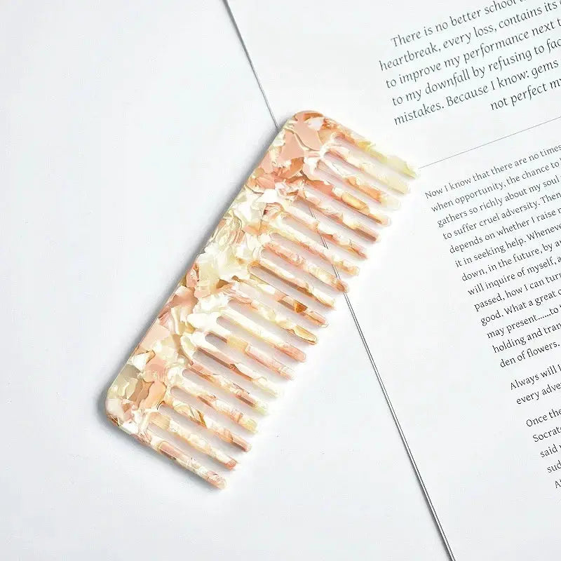 Simples Market wide-teeth acetate hair comb with pink and cream marbled pattern