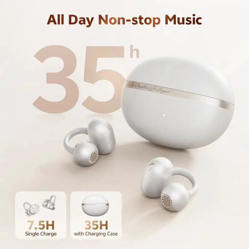 QCY Crossky C50 open-ear wireless earbuds with charging case, silver; 7.5H single charge, 35H with case.