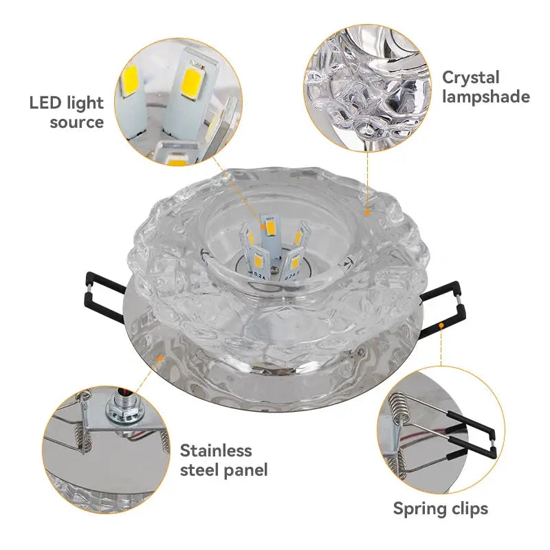 Aisle Flush LED ceiling lamp by Simples Market with crystal lampshade, stainless steel panel and spring clips