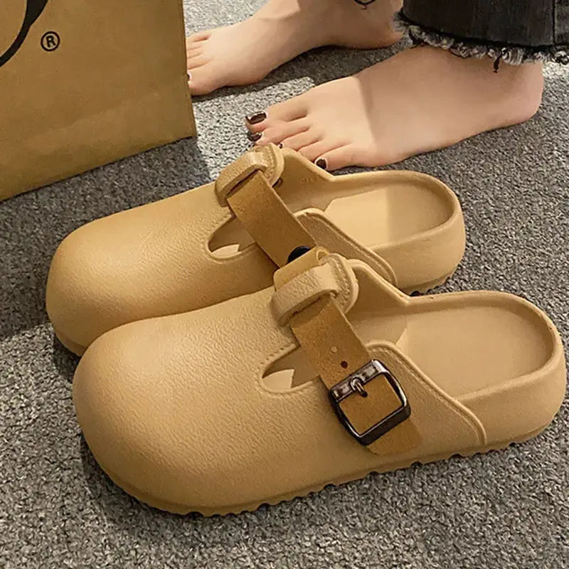 Beige women's EVA clogs with buckle strap; two shoes shown