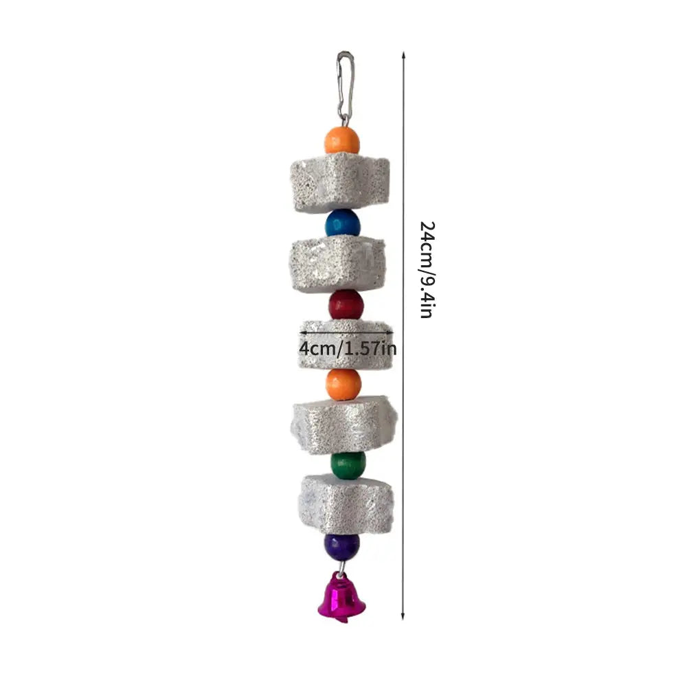 1PC Pet Teeth Grinding Volcanic Rock Toy by Simples Market; hanging bird chew toy with stacked rocks and colorful beads, pink bell.