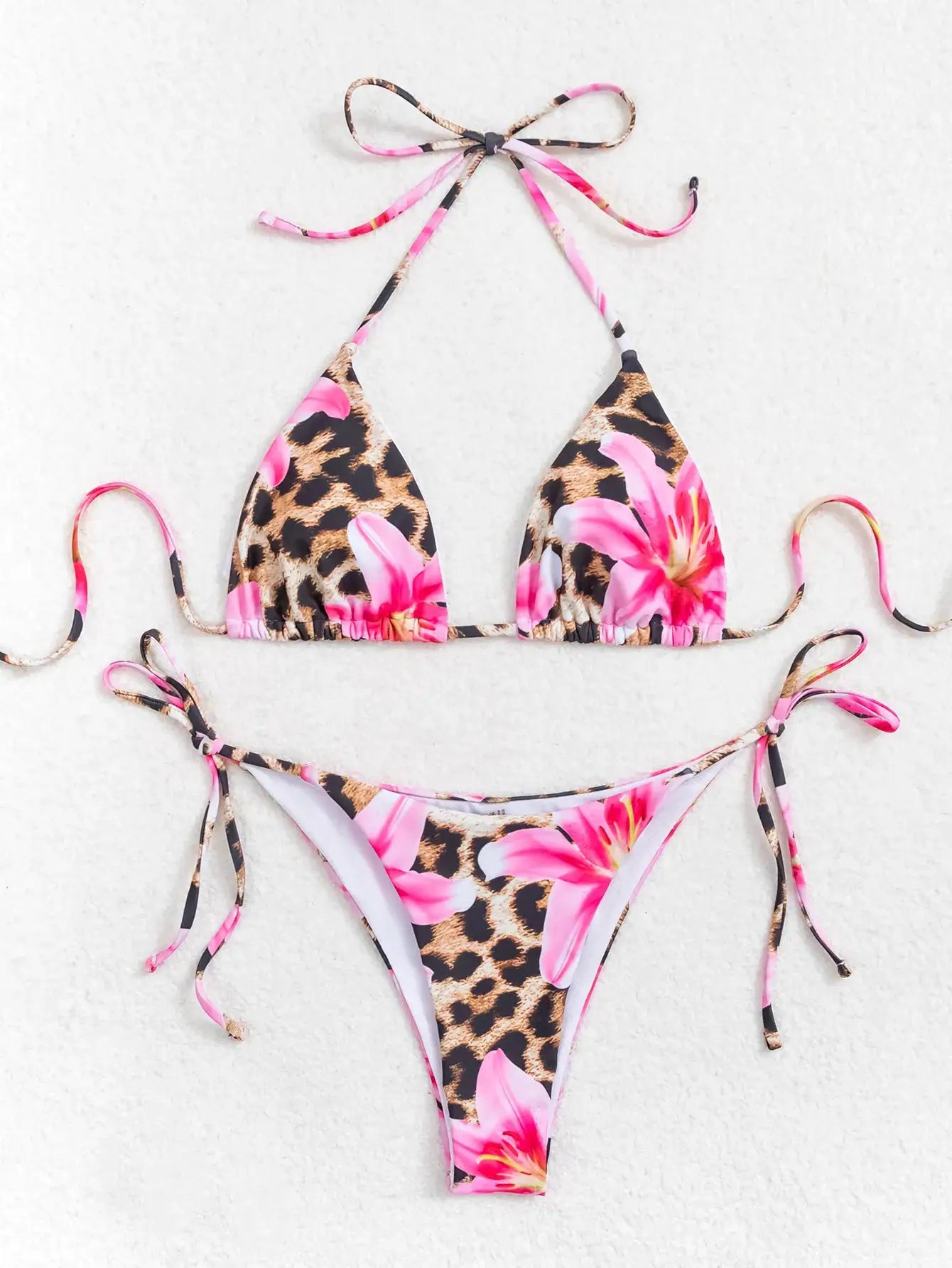 Simples Market 2026 Women's Bikini Set two-piece swimwear with leopard print and pink flowers, adjustable tie sides.