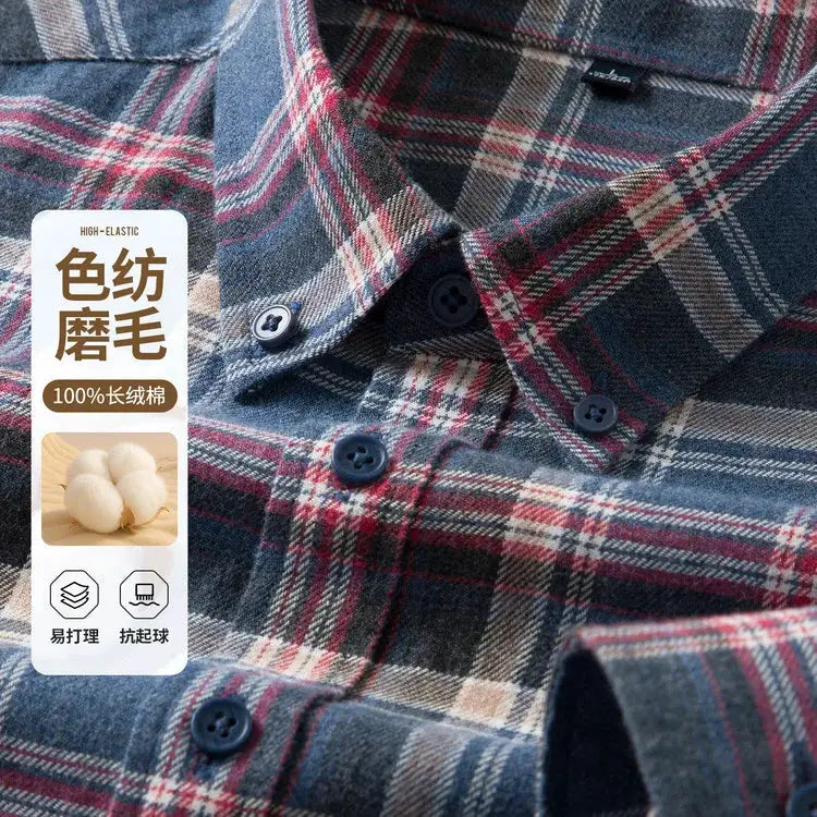 Simples Market plaid flannel shirt, 100% long-staple cotton, multi-color check pattern with navy buttons.