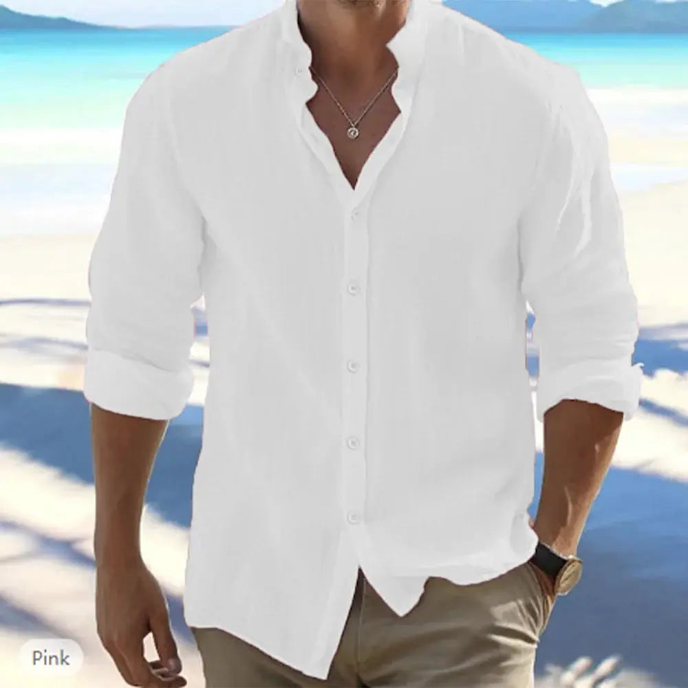 Cotton Linen Mens Long Sleeve Shirt Stand Up Collar Casual Beach Summer Solid Color Plus Size