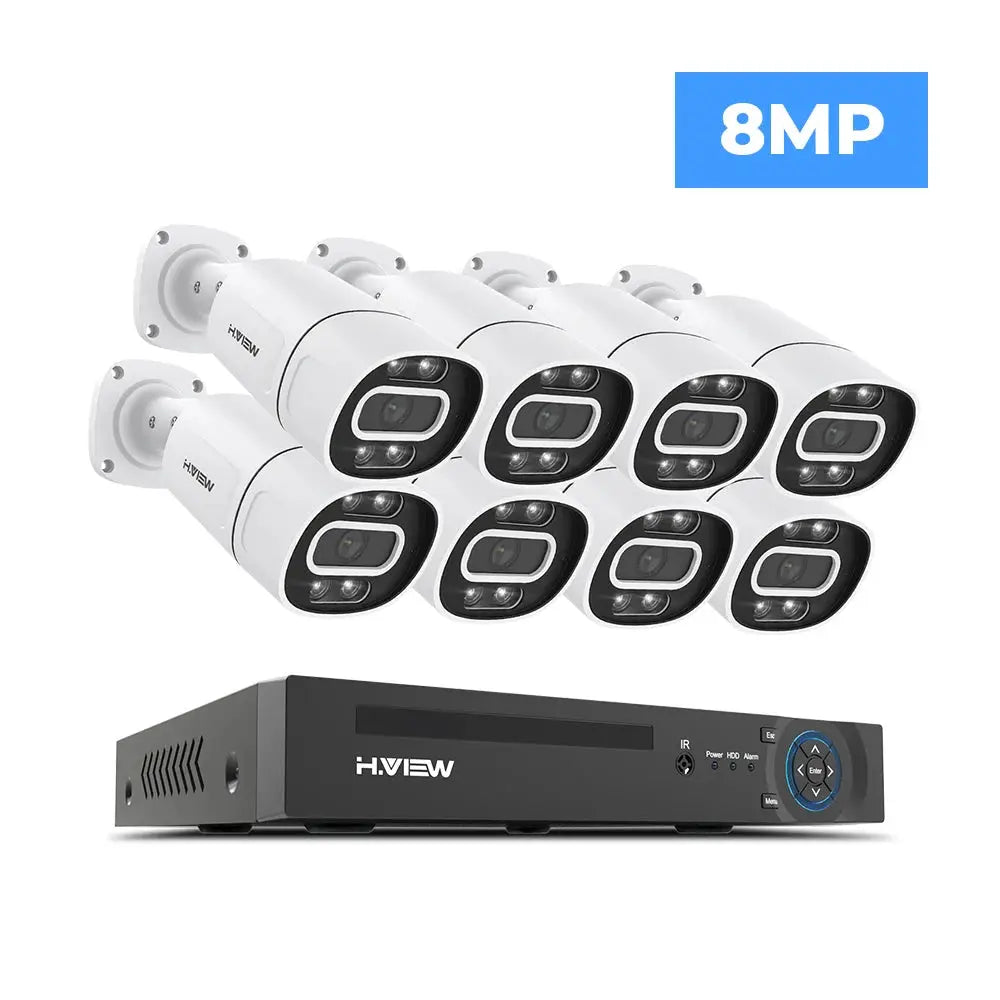 H.VIEW 8-channel PoE CCTV security system with eight outdoor 8MP IP cameras and NVR