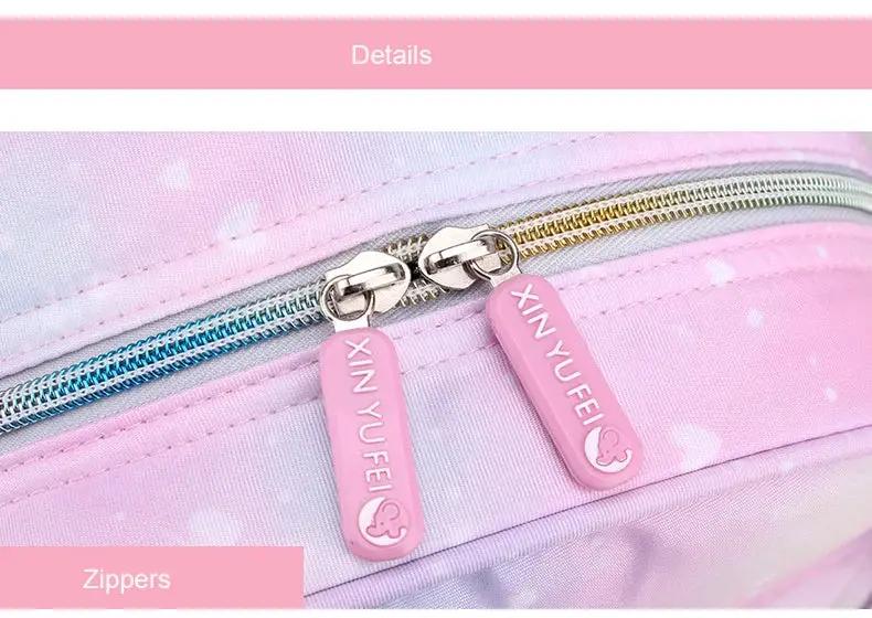 Unicorn girls' backpack pink with twin pink zipper pulls on a pastel gradient bag