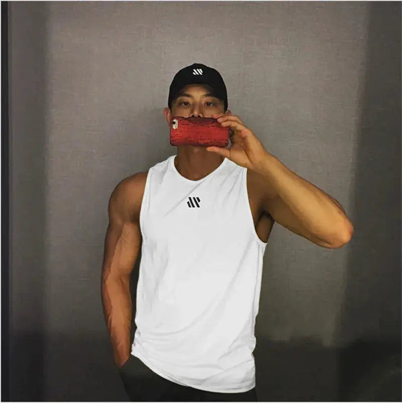 Men's white stringer gym tank top with Simples Market logo on the chest