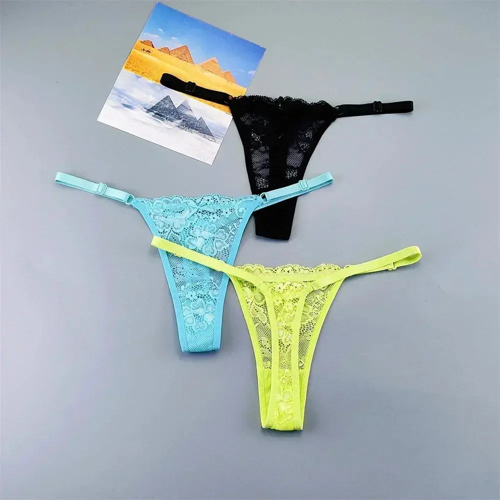 3-pack adjustable lace thong panties in black, blue, and neon yellow