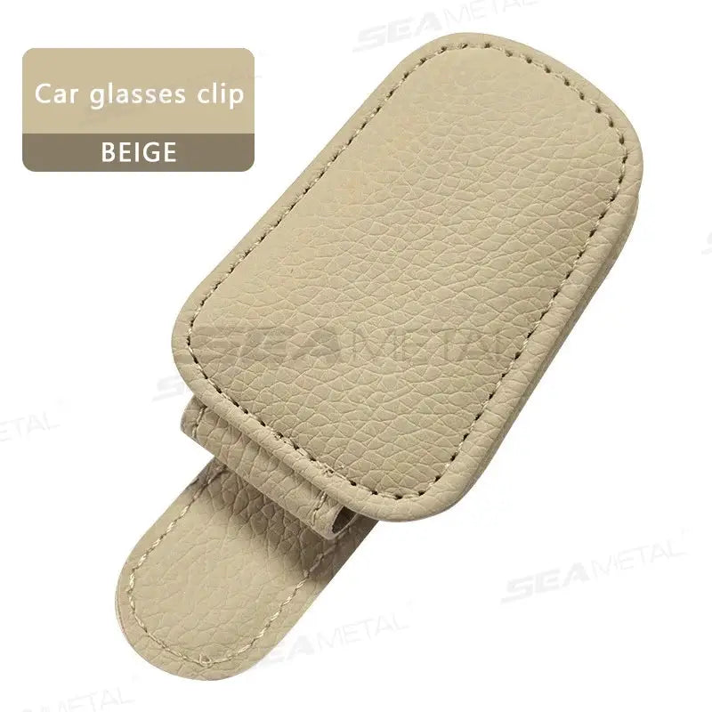 Simples Market beige PU leather car visor sunglasses clip case