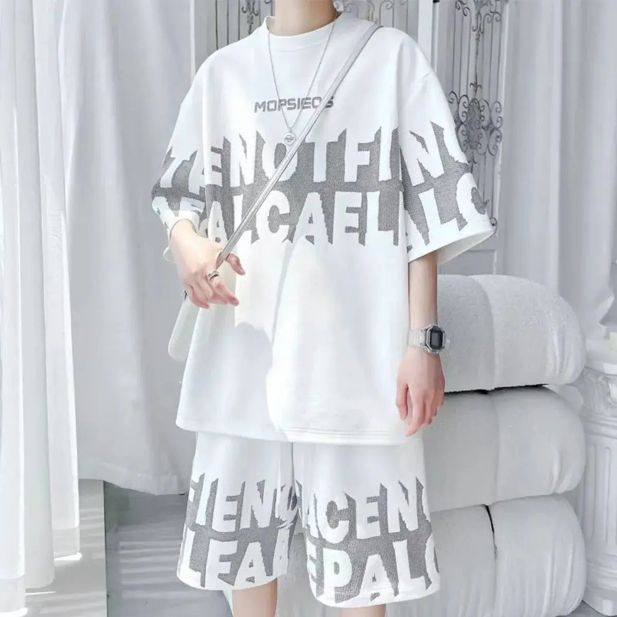 Men's fashion personality letter printed short sleeved shorts two-piece set outdoor sports breathable T-shirt set