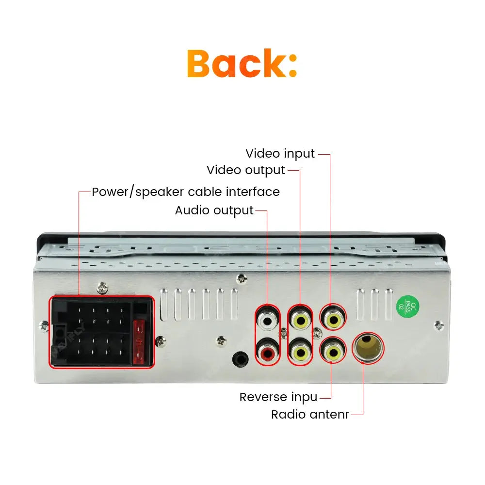 MEKEDE 6.86-inch 1DIN CarPlay MP5 car radio; back view shows power/speaker interface, RCA audio/video jacks, reverse input, antenna.