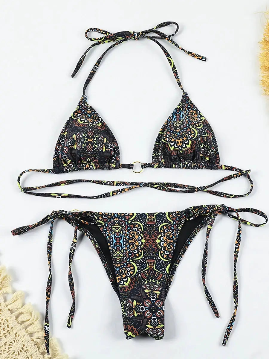 Simples Market two-piece bikini set; multicolor printed triangle top with halter ties and side-tie bottoms