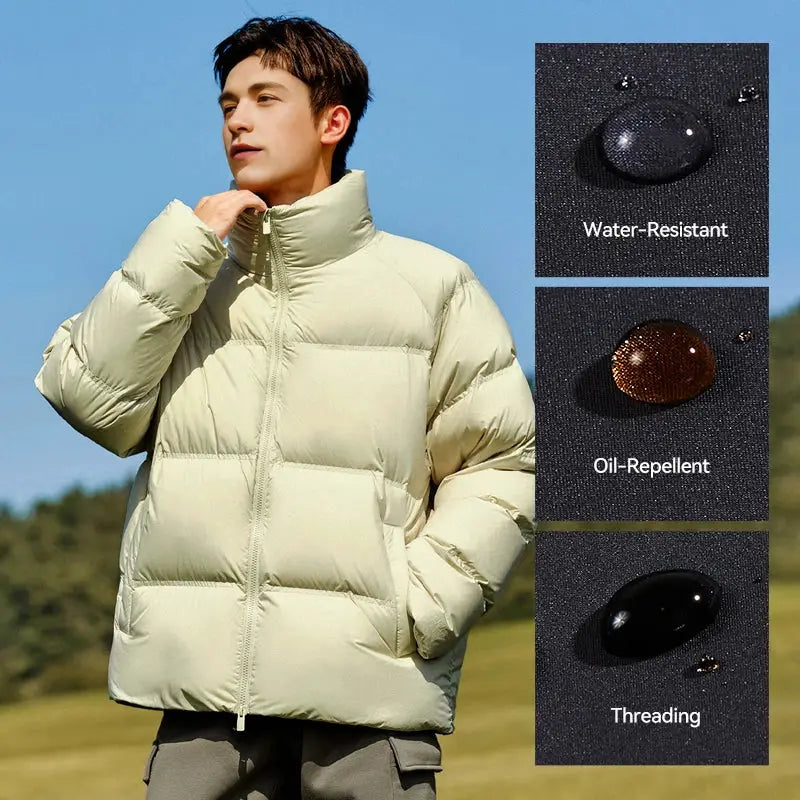 Semir down jacket; beige unisex short puffer with water-resistant and oil-repellent finish.