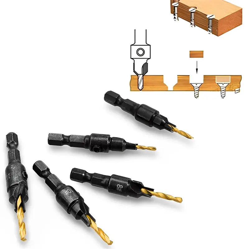 5 Piece Countersink Drill Bit Set For Woodworking With Pilot Holes For Screw Sizes 5 6 8 10 12