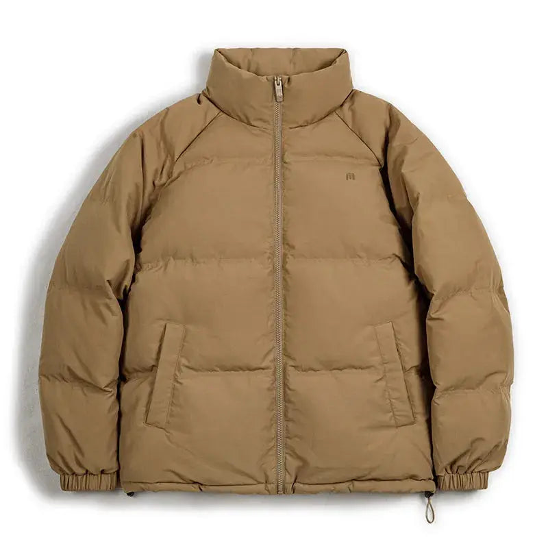Men's Maden winter down jacket tan duck-down padded coat with stand-up collar, waterproof, zip front, 2 pockets