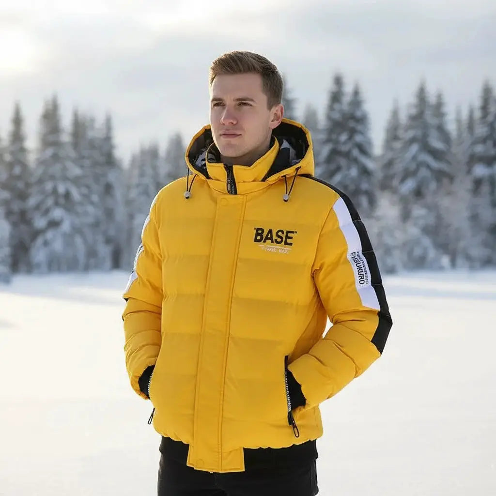 DIMUSI men's yellow padded down jacket with hood; BASE logo on chest, winter outerwear