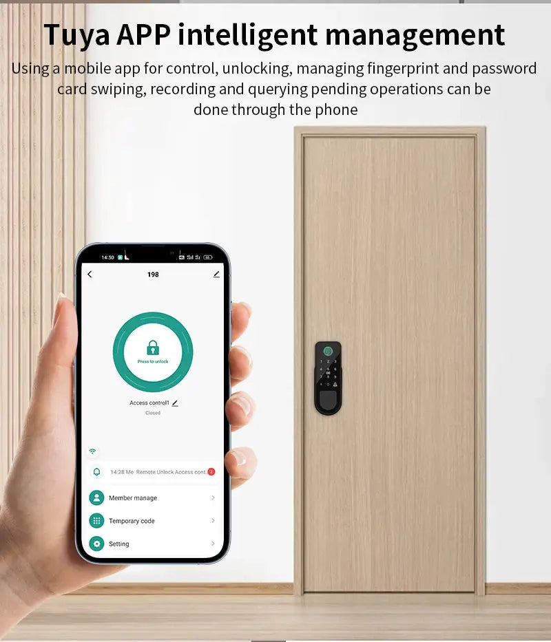 Smart door lock with Tuya app Bluetooth control, fingerprint and RFID; shown with a smartphone