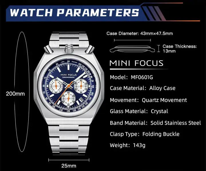 MINI FOCUS men's chronograph watch with blue dial, three subdials, and stainless steel bracelet.