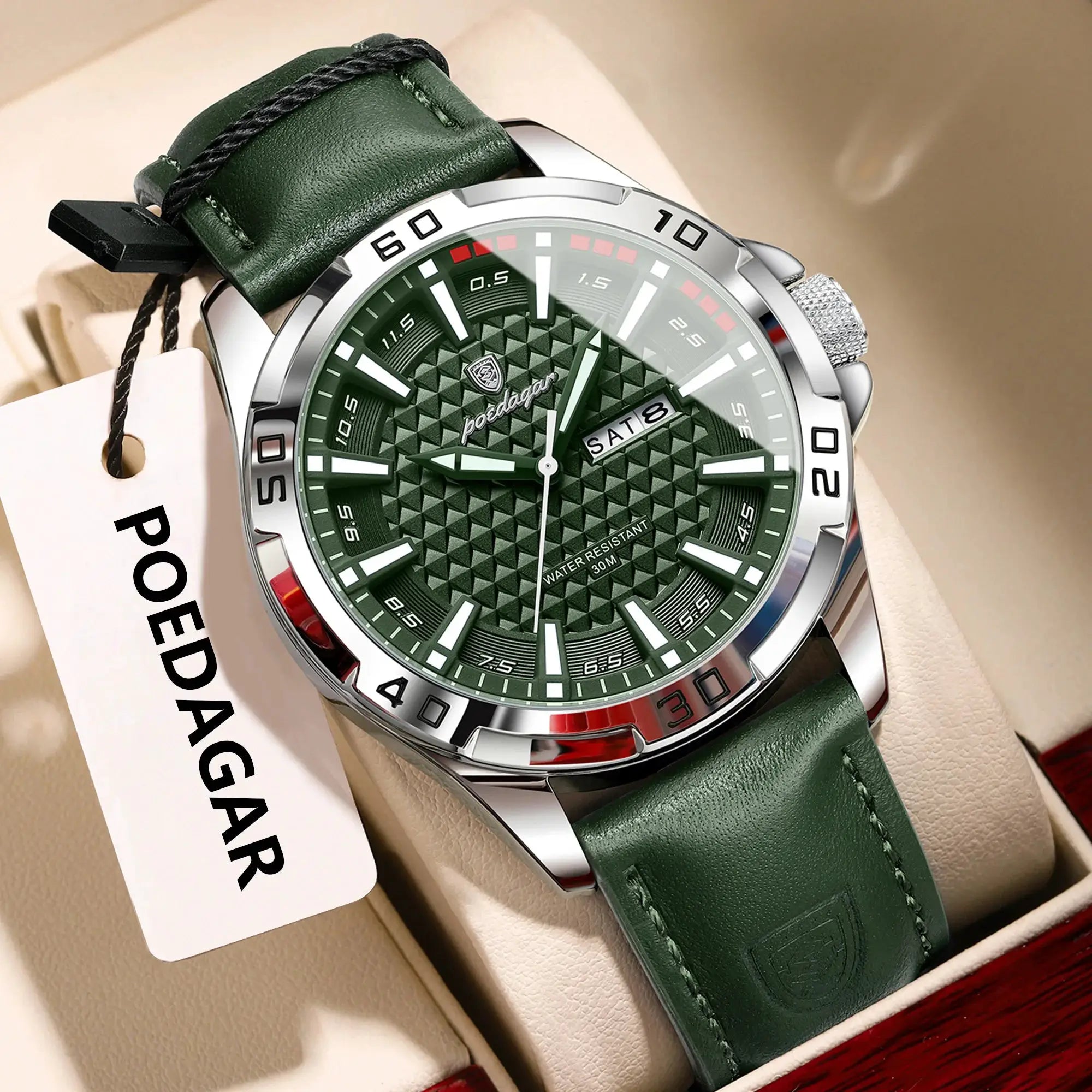 POEDAGAR Original Mens Luxury Waterproof Quartz Watch With Leather Strap Luminous Hands Date And Week Display