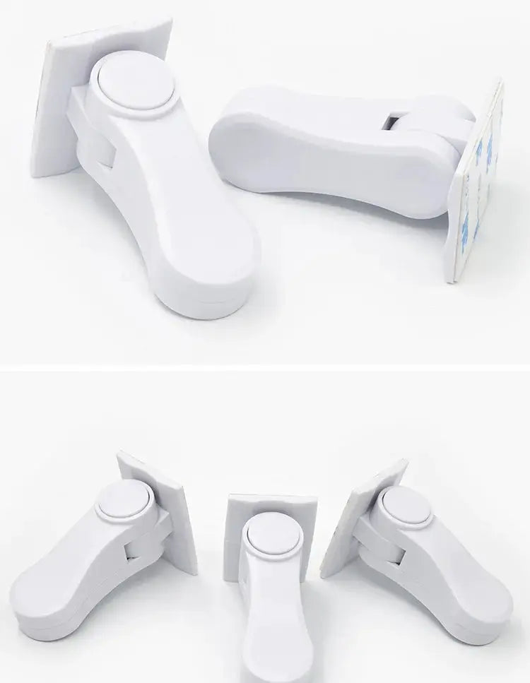 White universal door lever safety locks with adhesive mounting, rotation-proof design, set of three.