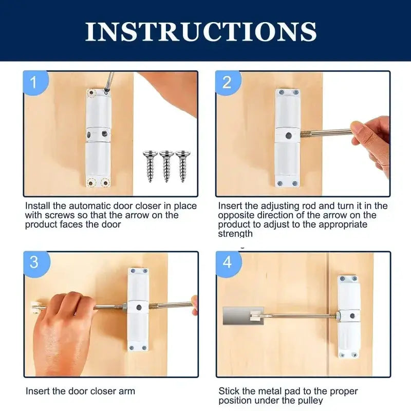 30kg adjustable tension door closer Simples Market four-step installation infographic