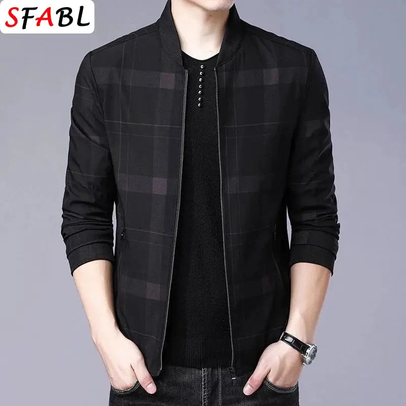 Men's black plaid blazer jacket by SFABL, casual business style with long sleeves