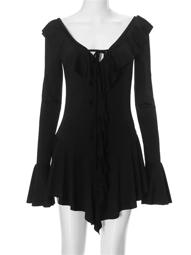 Tossy Ruffled Lace Up White Mini Dress V Neck Patchwork Slim Fit Summer Elegance