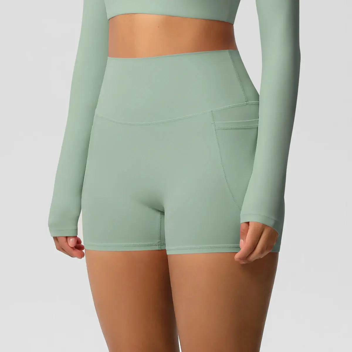 Women’s pocketed high-waist yoga shorts, mint green, Simples Market