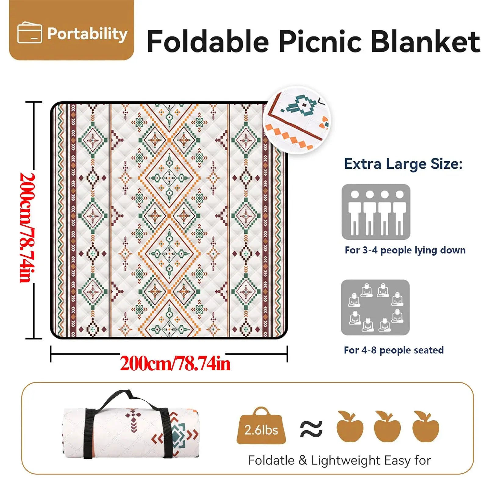 Waterproof picnic blanket by Simples Market 200x200 cm with carrying handle, foldable geometric-patterned beach mat