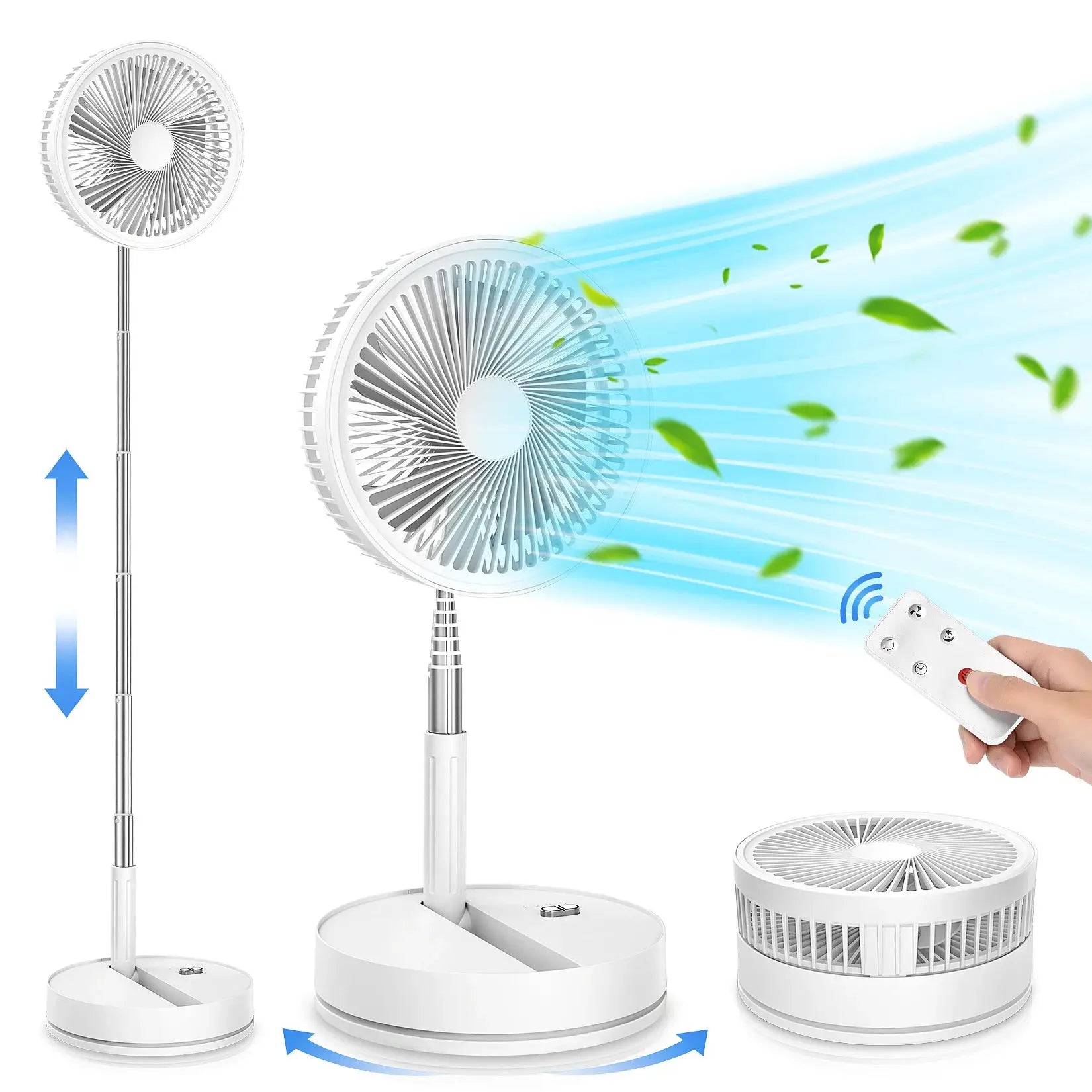 Telescopic foldable fan with remote, white 7200mAh battery, height-adjustable stand