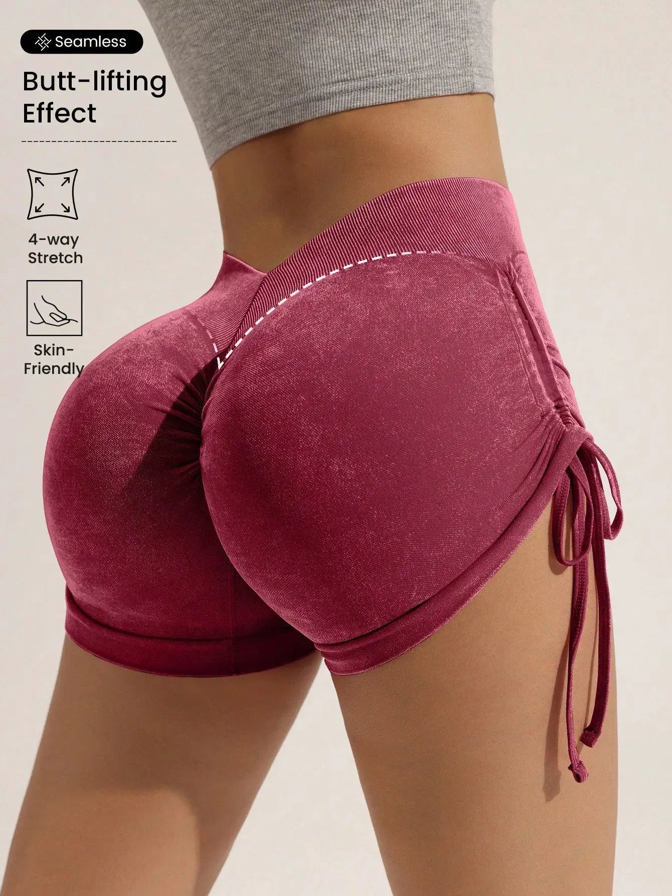 Simples Market butt-lifting frosted shorts for women, pink, 4-way stretch with drawstring side ties