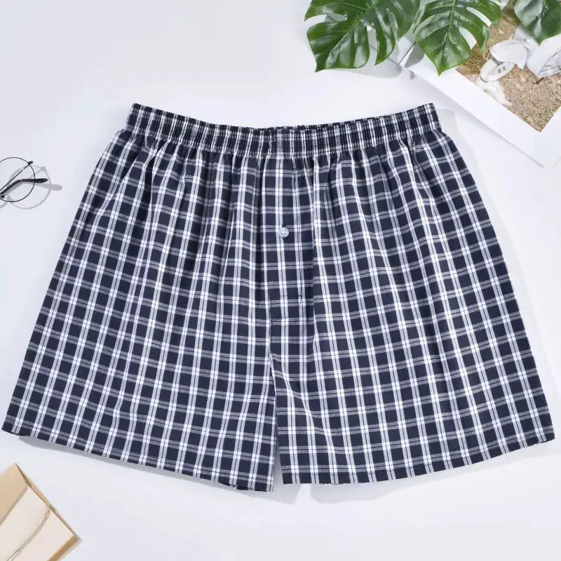 Men's plaid cotton boxer shorts with elastic waistband; navy and white, loose comfortable homewear