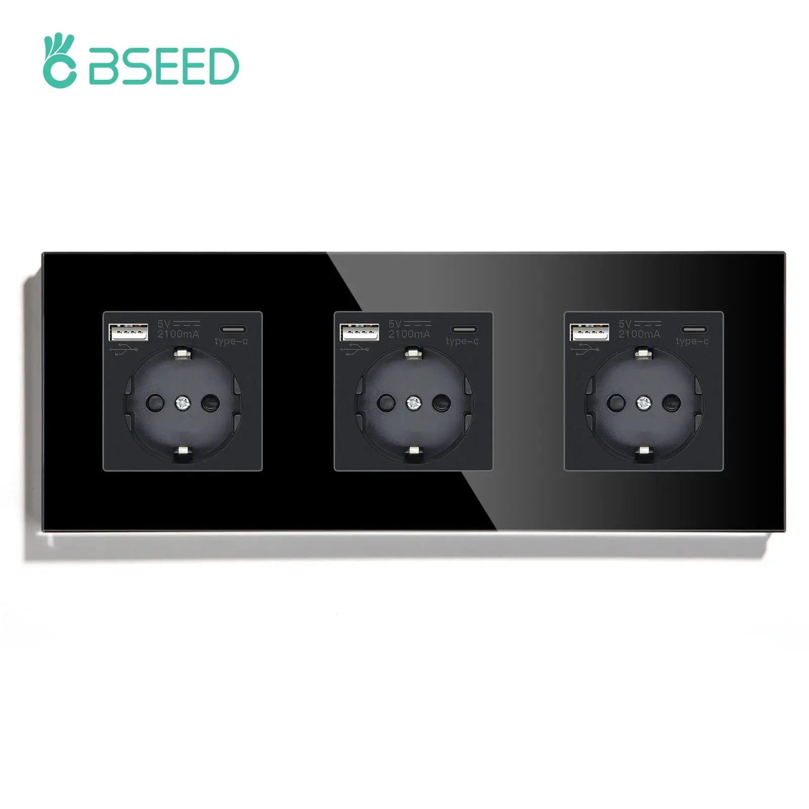 BSEED glass-panel EU wall power socket with three outlets and USB-C charging ports