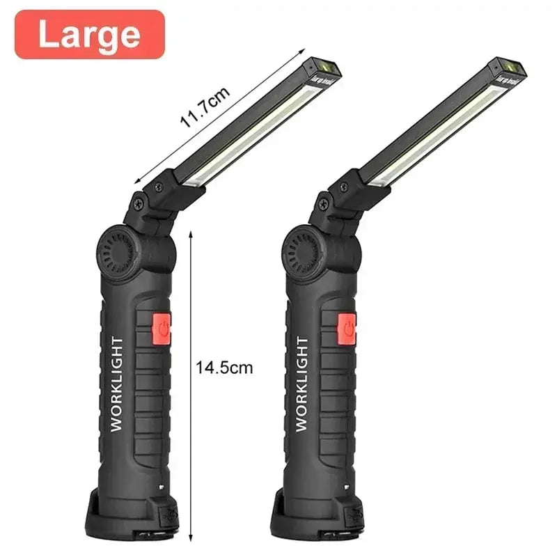 2-pack portable COB LED work lights with USB rechargeable, magnetic hook and power bank capability
