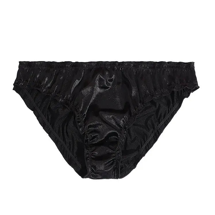 Women's black satin low-waist panties with ruched elastic waistband, breathable and stretchy.
