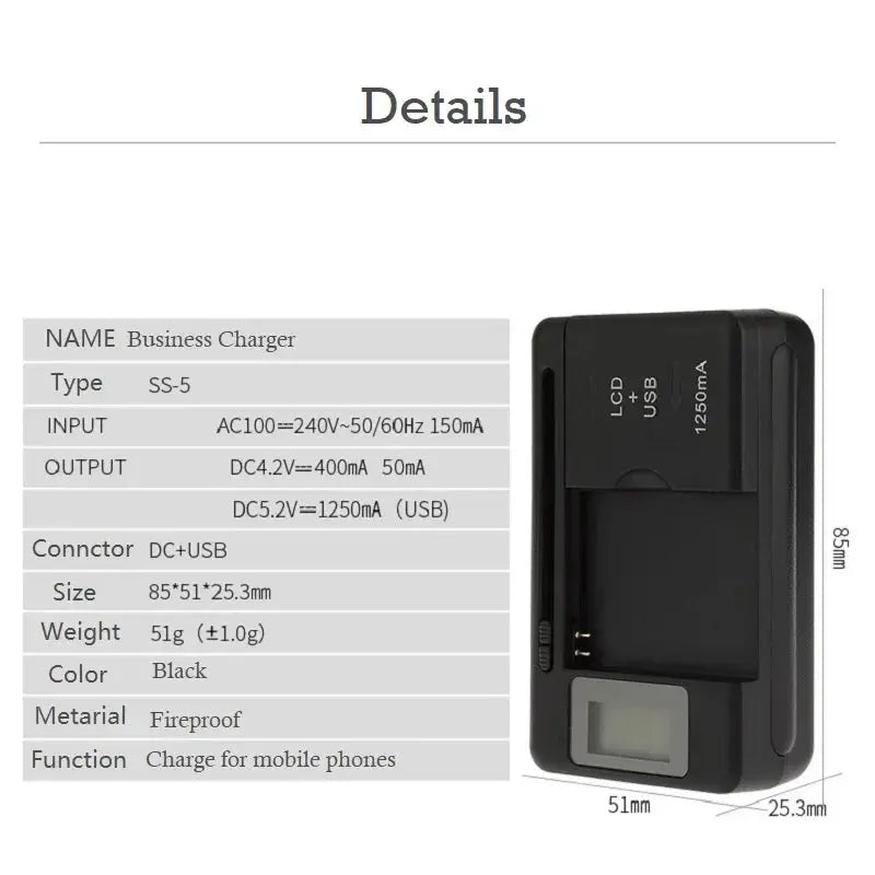 Universal USB Battery Charger With LCD Indicator For Li Ion Cells 32 To 55 Millimeters Width US UK EU Plug