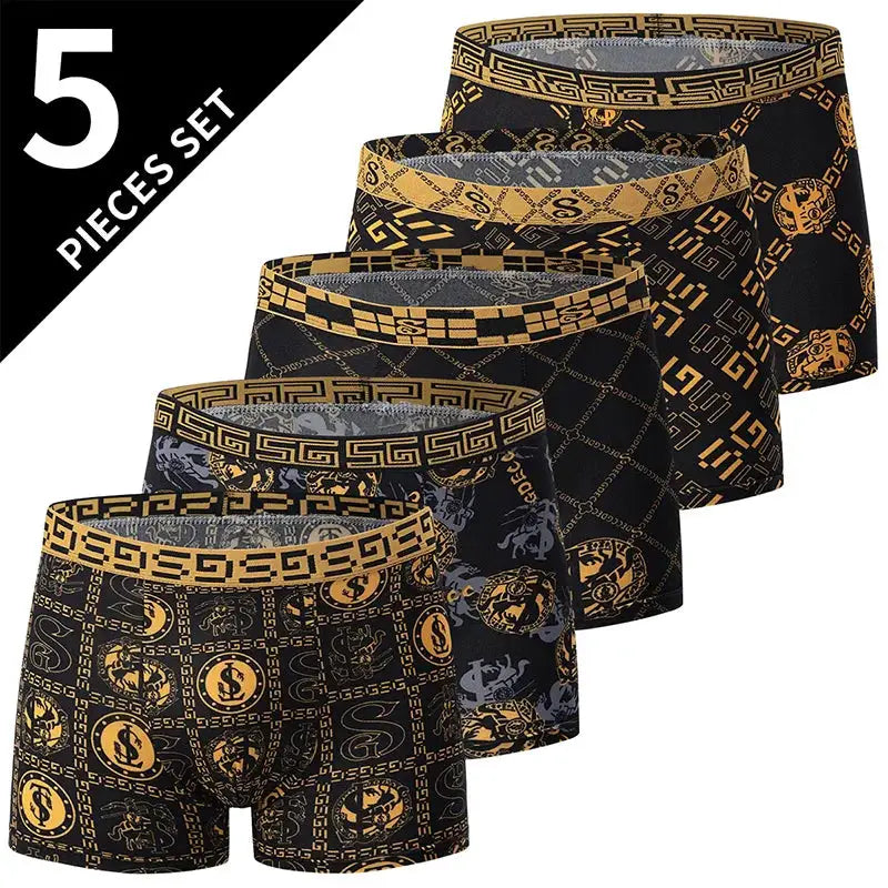 Men's 5-pack boxer underwear in black with gold print by Simples Market