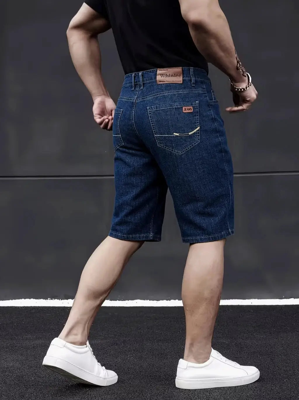 Wthinlee men's blue stretch denim shorts with two back pockets and small label on back pocket