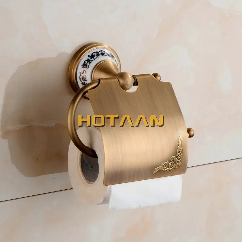 Simples Market antique brushed solid brass toilet paper holder with European porcelain accent and corner detail