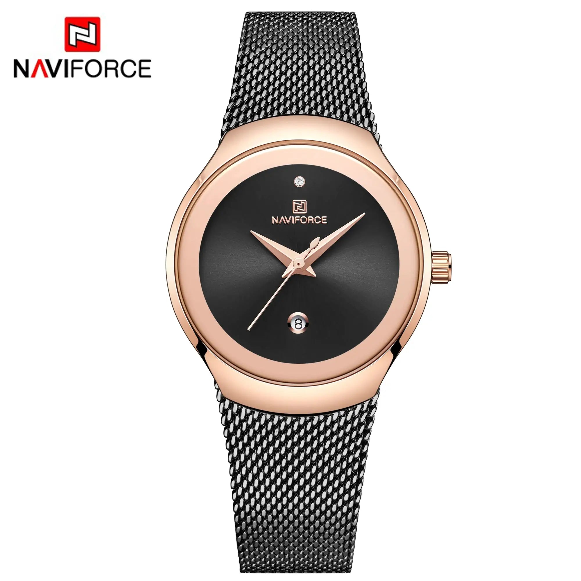 Naviforce women's watch with black dial, rose-gold case, mesh band